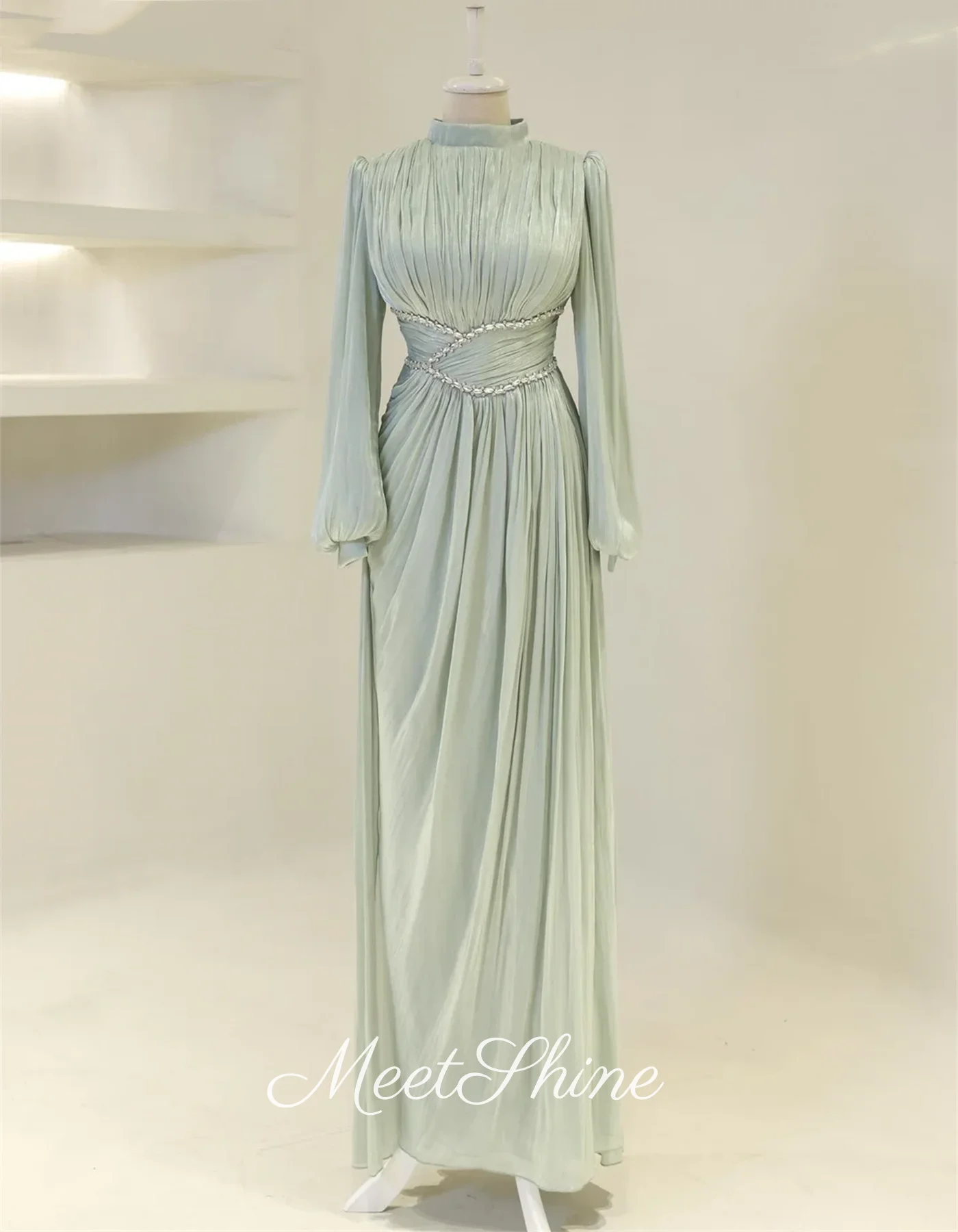 Dubai Long Sleeves Sky Blue Chiffon Evening Dresses Modern High Neck Pleated Beading Crystals Party Gown Prom Dresses Customized