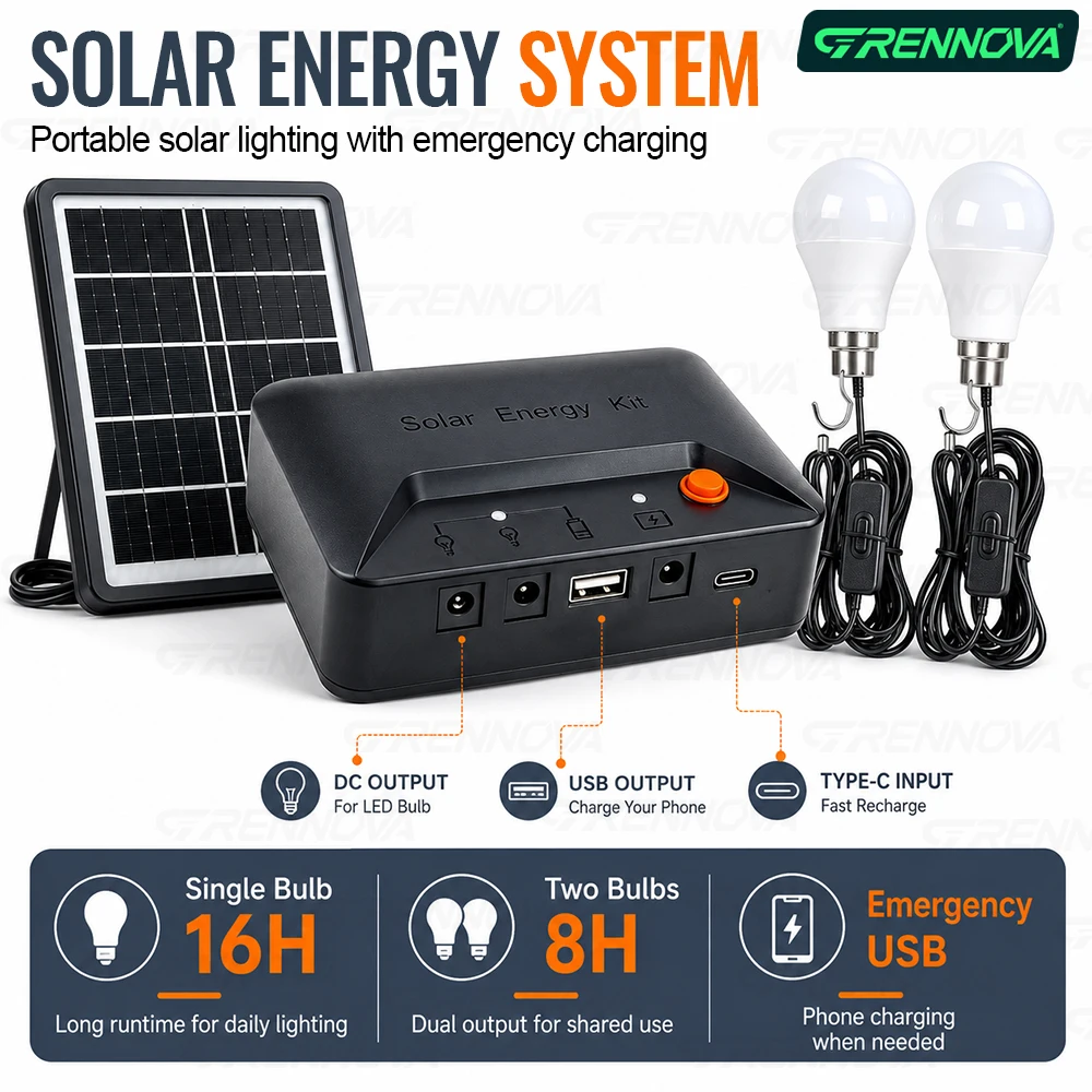 Grennova Tragbares Komplettes Solar-Beleuchtungsset 2 Unabhängige Schalter LED-Glühbirnen USB-Ladegerät für Camping Zelt Stromausfall
