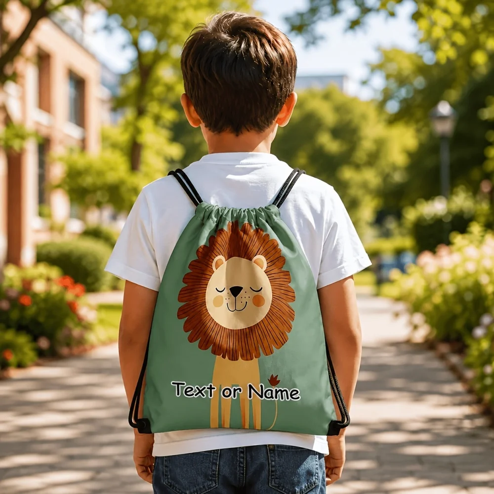 Custom Lion Print Drawstring Backpack, Personalized Name Text Drawstring Sack Bag, Sports Drawstring Bag, Portable Storage Sack