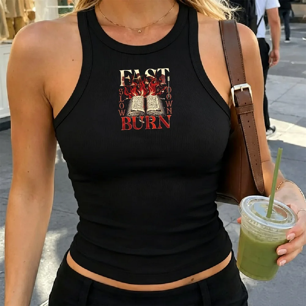 Y2k Ribbed Tank Top Crop Top Burning Book Flames Text East Slow Down Black Fitted Camisole Style Slow Burn Shirt Designs Romance