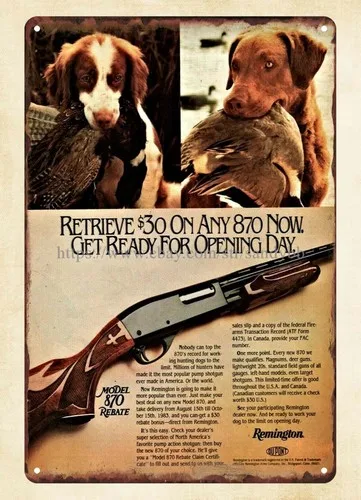 bathroom wall decor 1983 fiream duck hunting dog REMINGTON gun metal tin sign