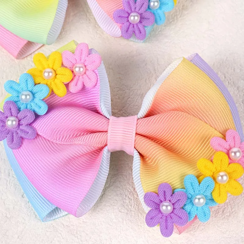 ncmama Rainbow Color Double Layer Bow Hair Clips Cute Flower Pearl Hairpin Baby Ribbon Barrettes Girls Hair Accessories Headwear