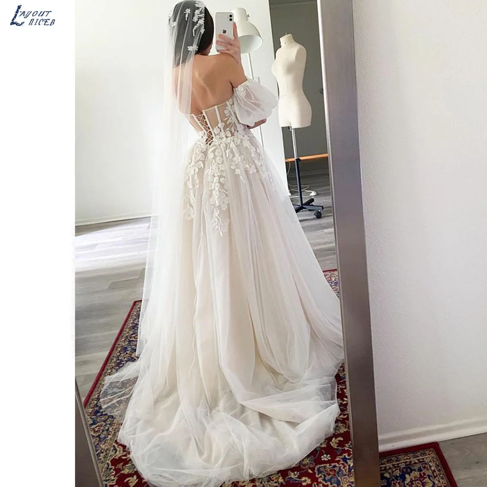 Boho Wedding Dresses Detachable Puff Sleeves Bones Corset vestidos de novia Lace Appliques Bride Gowns свадебное платье