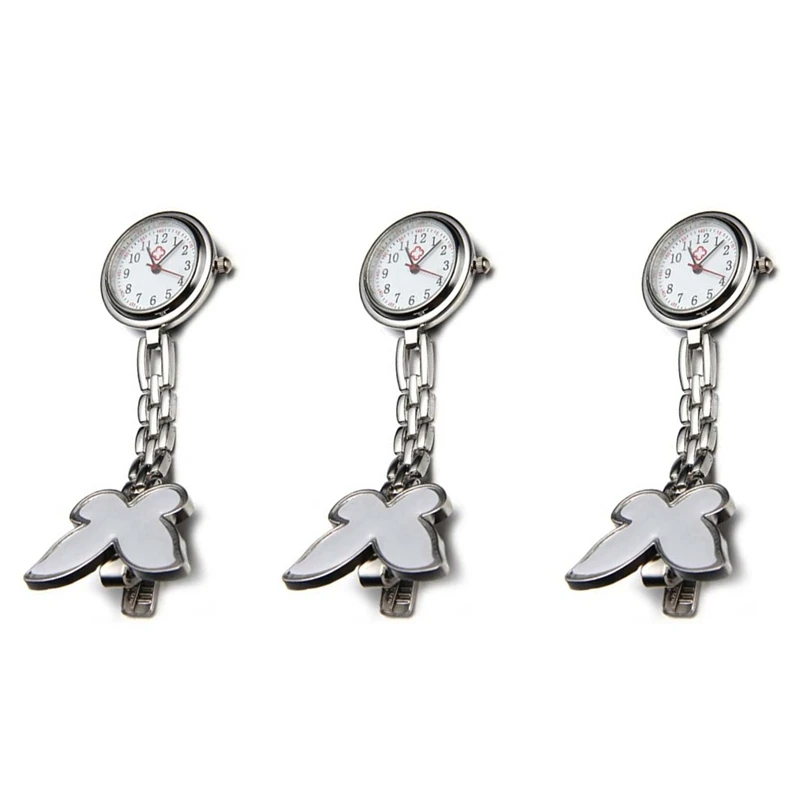 

3X Nurses Clock Heart Rate Monitor Pocket Watch Quartz Butterfly Motive White