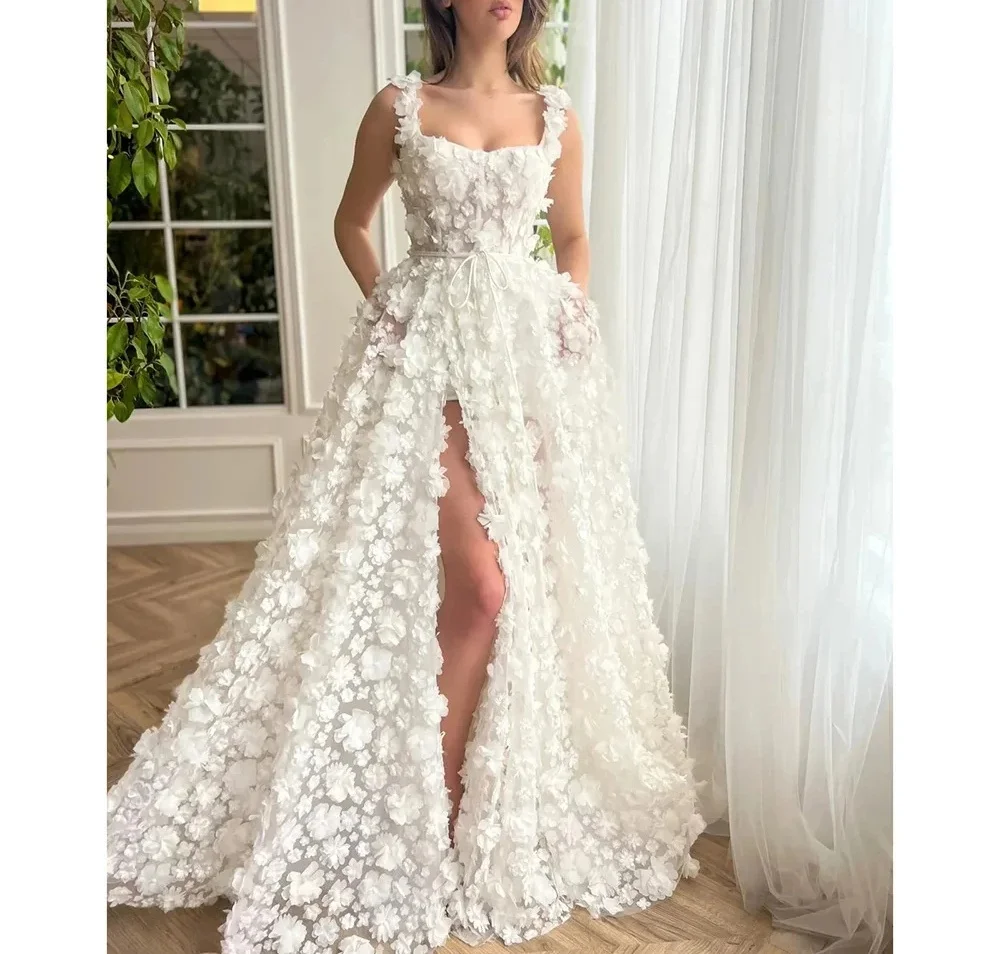 

Elegant white chiffon floral decoration decal dress with A-line square collar backless evening gown customization