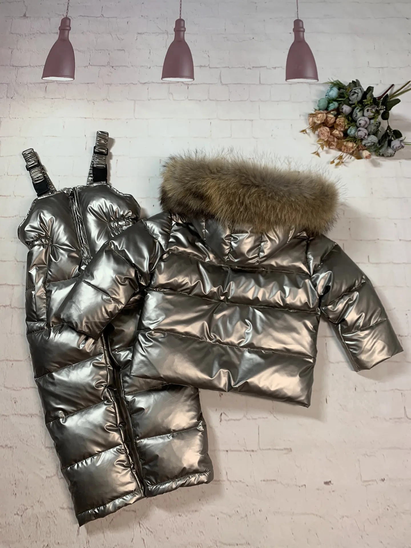 New 2022 Winter Jacket Children down jackets & pant duck down Brand Raccoon Fur  Hood girl snowsuit set outerwear ski suit Parka