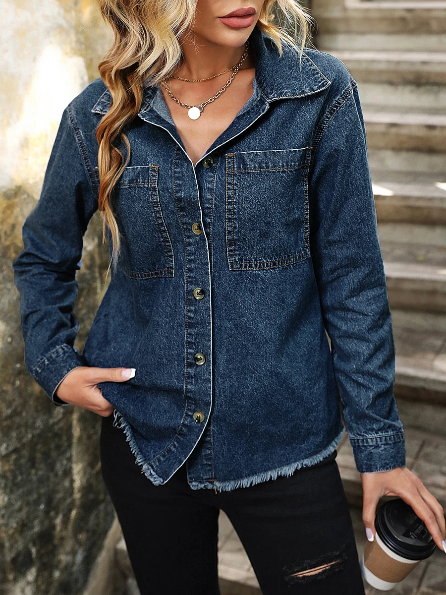 Women Denim Shirt Jacket Raw Hem Lightweight Casual Button Long Sleeves Fall Cardigan for Outwear Streetwear