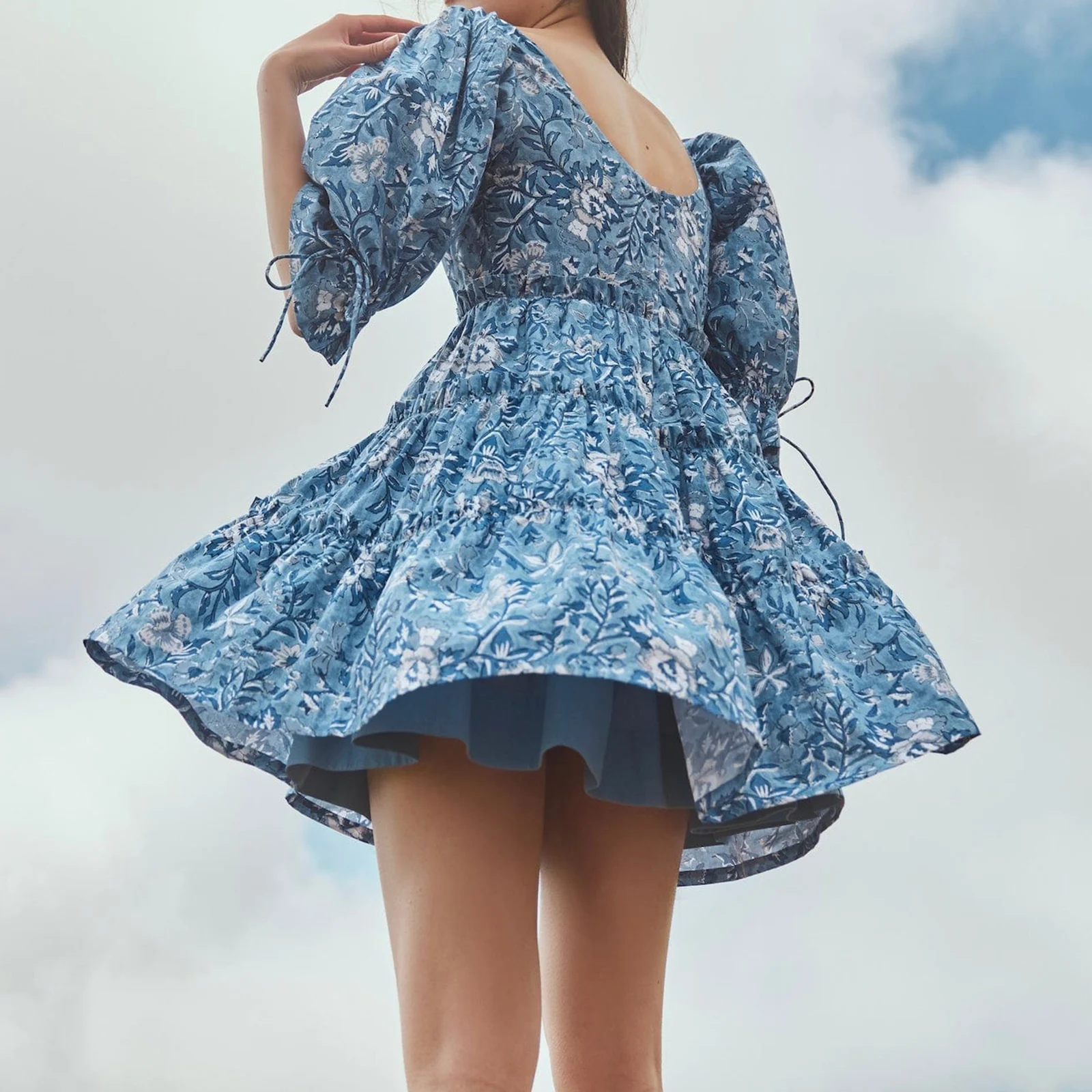 Women Floral Print Short Dress Elbow Puff Sleeve Tiered Ruffled Trim V-Neck Drawstring A-Line Dresses