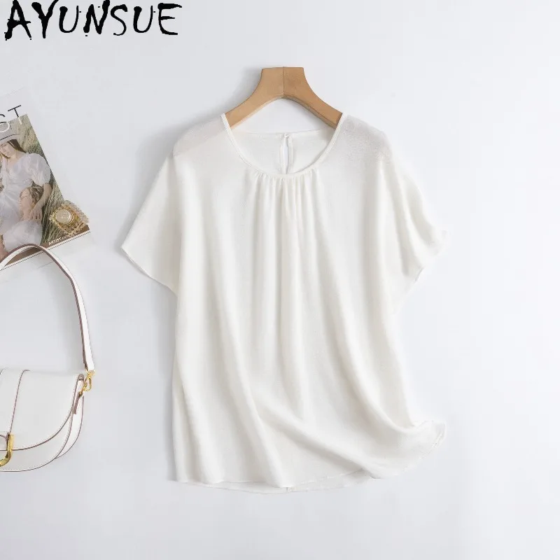 AYUNSUE 100% Silk Women's T-shirts Solid O-neck Pullover Blouse Loose White Tops for Woman Summer Clothes Woman 2026 ropa mujer