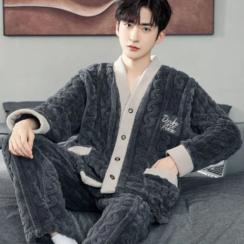 High Quality Men Pajamas Suit V-neck Winter Warm Loose Fitting Thick Plush Flannel Sleepwear Set Home Wear Male Nightwear