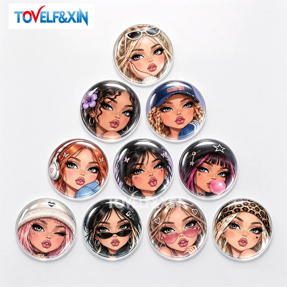 10Pcs Mixed Y2K Cartoon Girl Face Round Glass Cabochons Flatback Dome Photo Cameo Charms DIY Keychain Magnet Jewelry Making