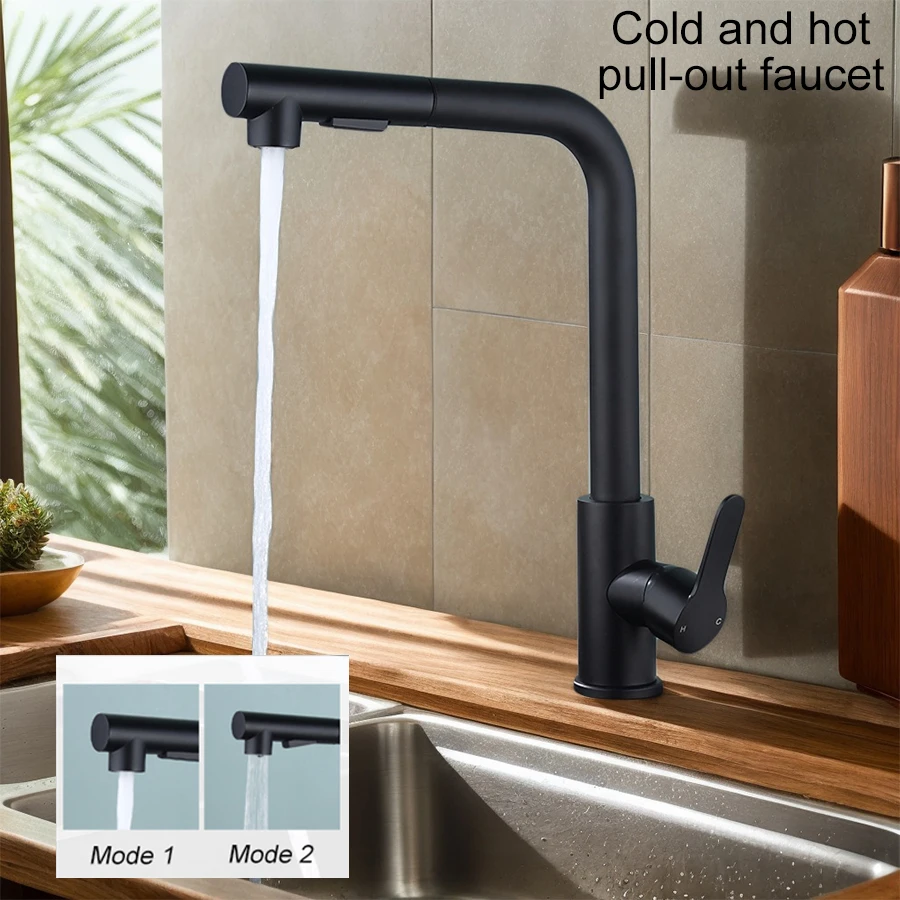 Modern Minimalist Style Black Pull-Out Kitchen Faucet with Dual Water Outlet Design, Hot and Cold Single-Hole Easy Installation, Suitable for Kitchen or Balcony Sinks, Comes with Water Inlet Pipe