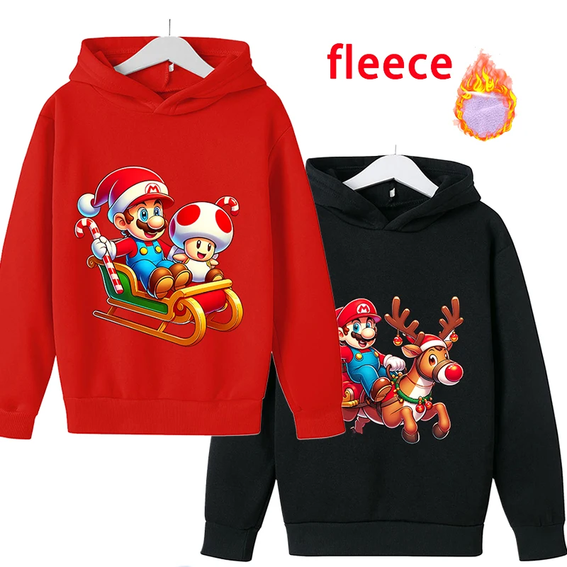 New Super Marios Christmas Sweatshirt Cute Cartoon Printed Pullover Hoodies Winter Warm Thick Top Children's Anime Clothing Gift