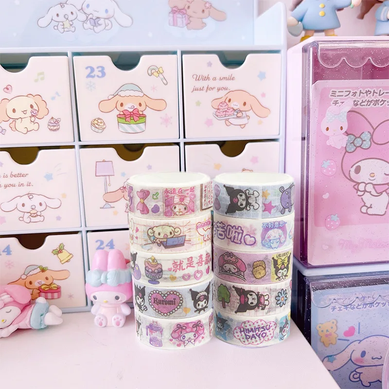 10 Rolls of Sanrio Kuromi Melody Hello Kitty Cartoon Tape Stickers Children\'s Creative DIY Handbook Tape