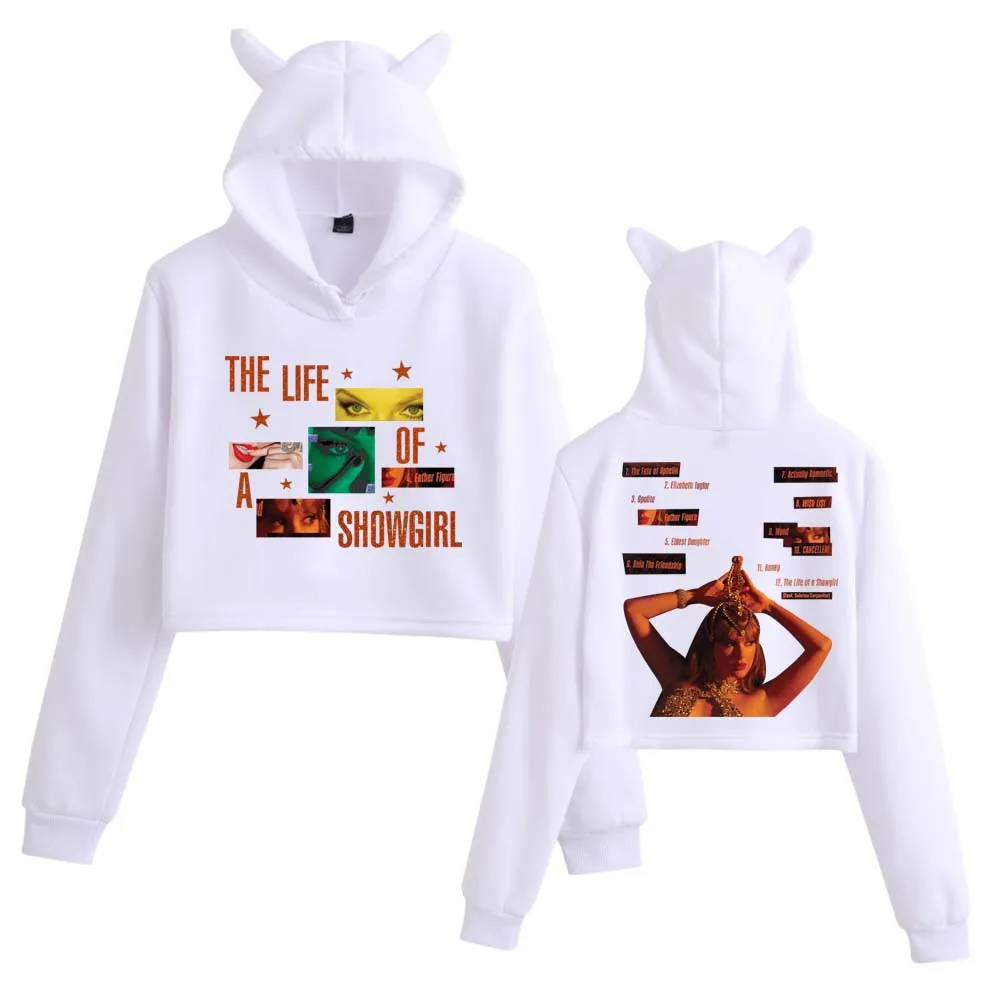 The Life of A Showgirl Album Crop Tops Felpa con orecchie di gatto Felpa con cappuccio alla moda per ragazze a maniche lunghe