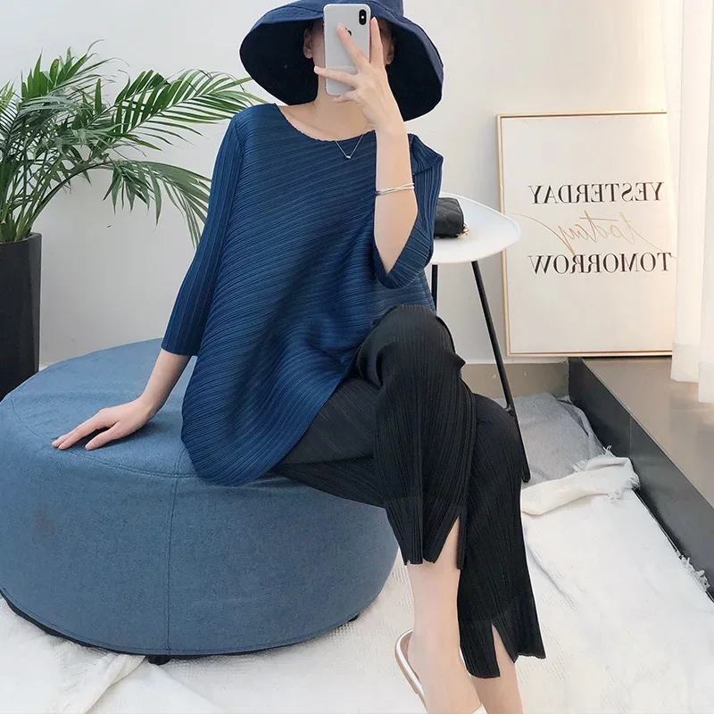 ALSEY Miyake Pleated Loose Casual Long Sleeve T-shirt for Women Spring Summer New Korean Simple Fashion Tops Aesthetic Clothes