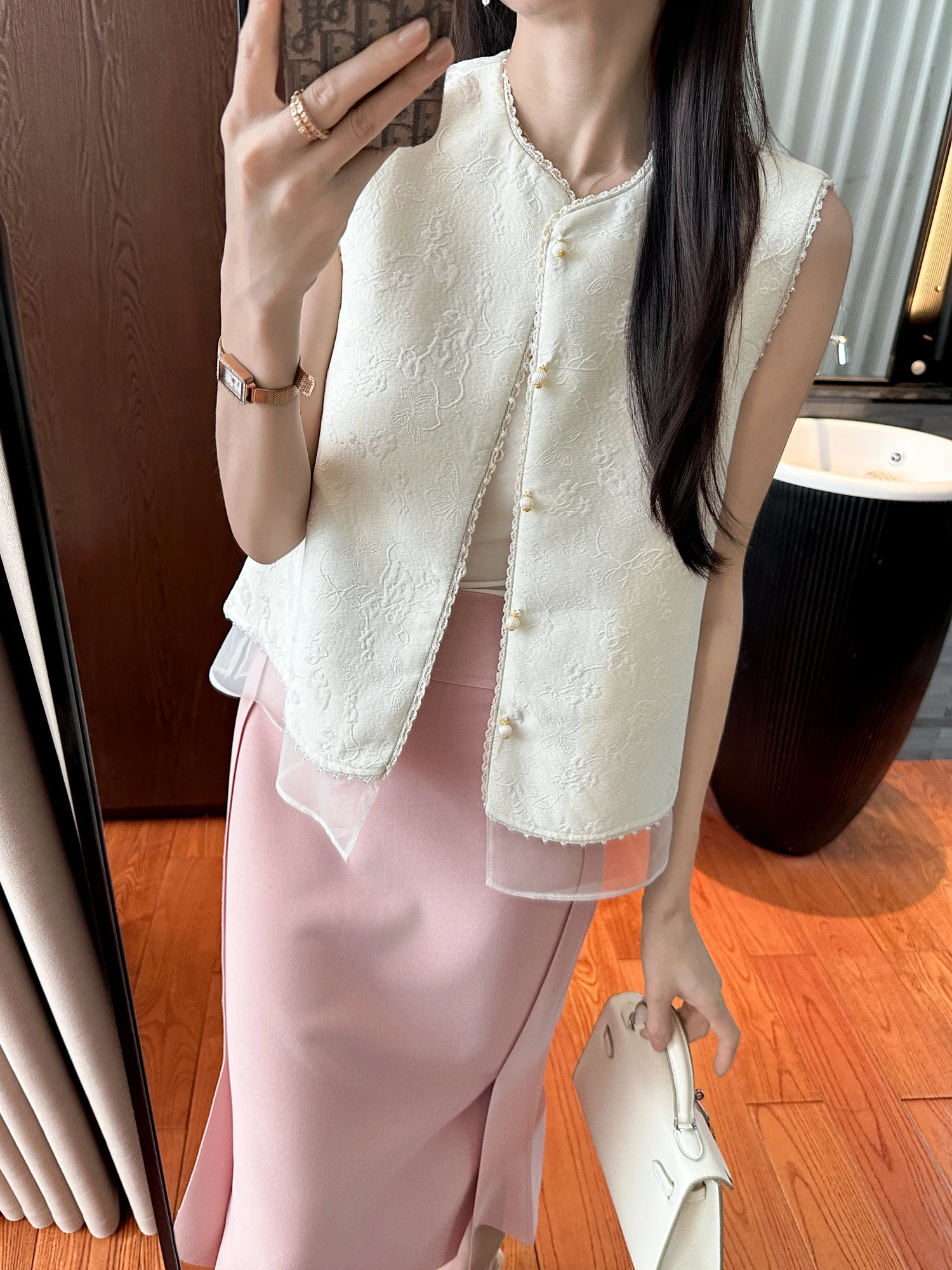 

Ele New Chinese Sle Vest Svel Me Splicing Women's Faion Breathable round Ne Button up Ci Commute Wear