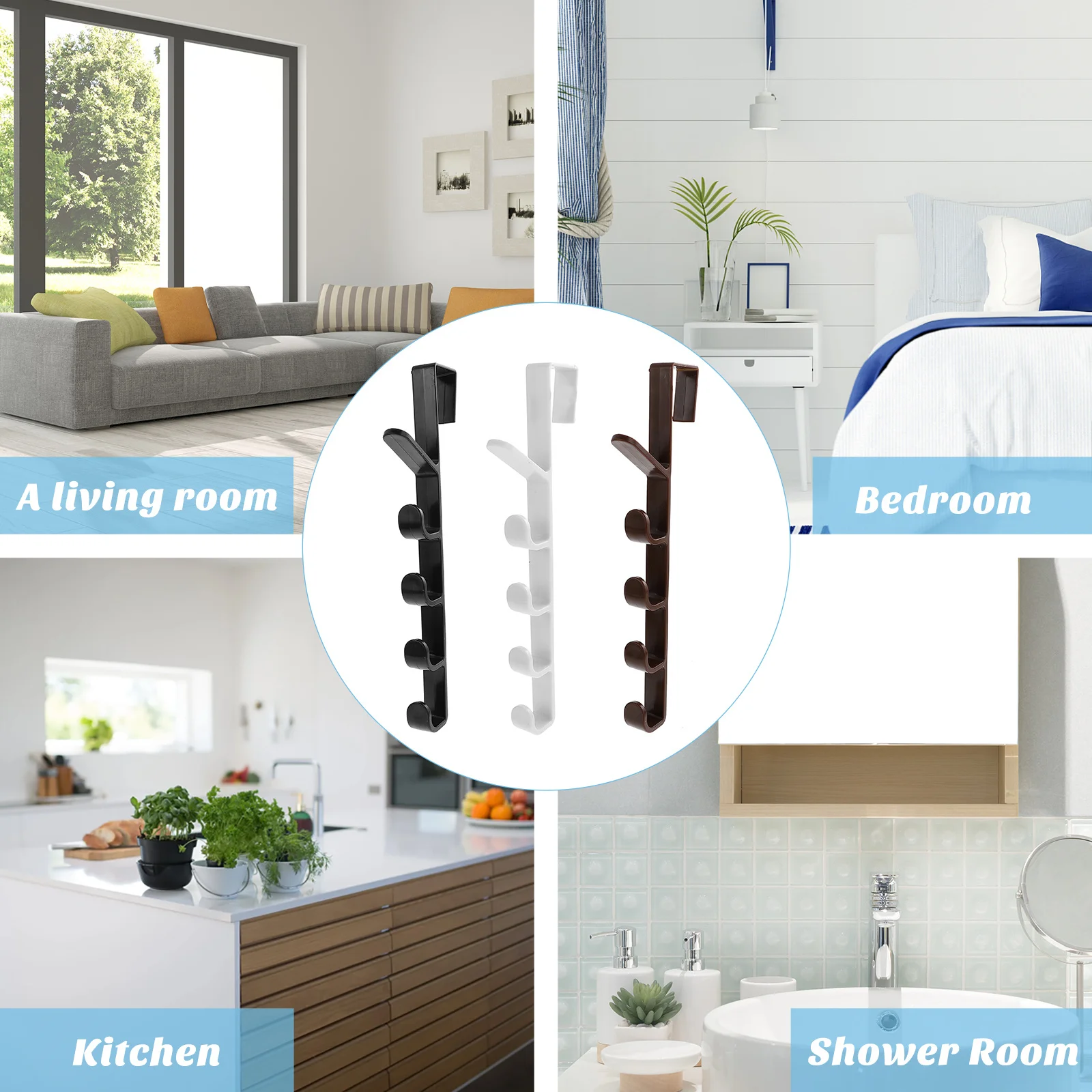

3pcs Five-section Hooks Black Hanging Coats Clothes Handbag Over Door Back Kitchen Bathroom Bedroom Garage Storage Space Saver