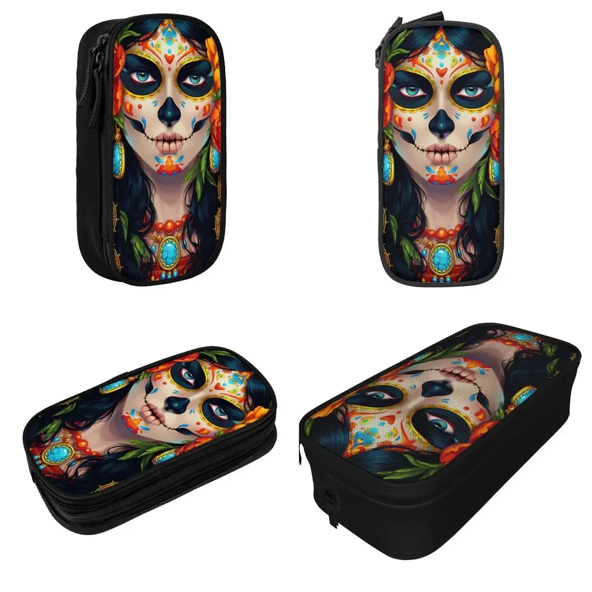 Estuche para lápices de Halloween con calavera de azúcar, estuches para lápices Muerte, portalápices para niñas y niños, bolsa grande, papelería escolar con cremallera para estudiantes