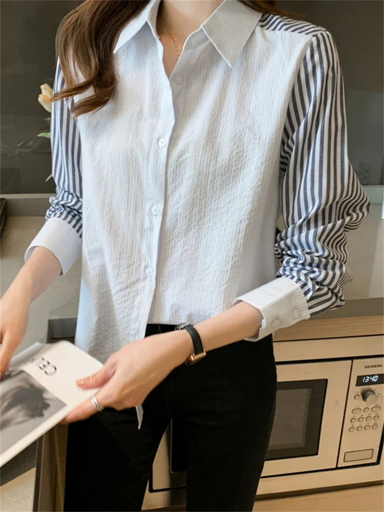 Spring Autumn 2026 New Style Women's Fashionable  Collar Color Block Striped Chiffon Top Open Cardigan Shirt Base Shirt