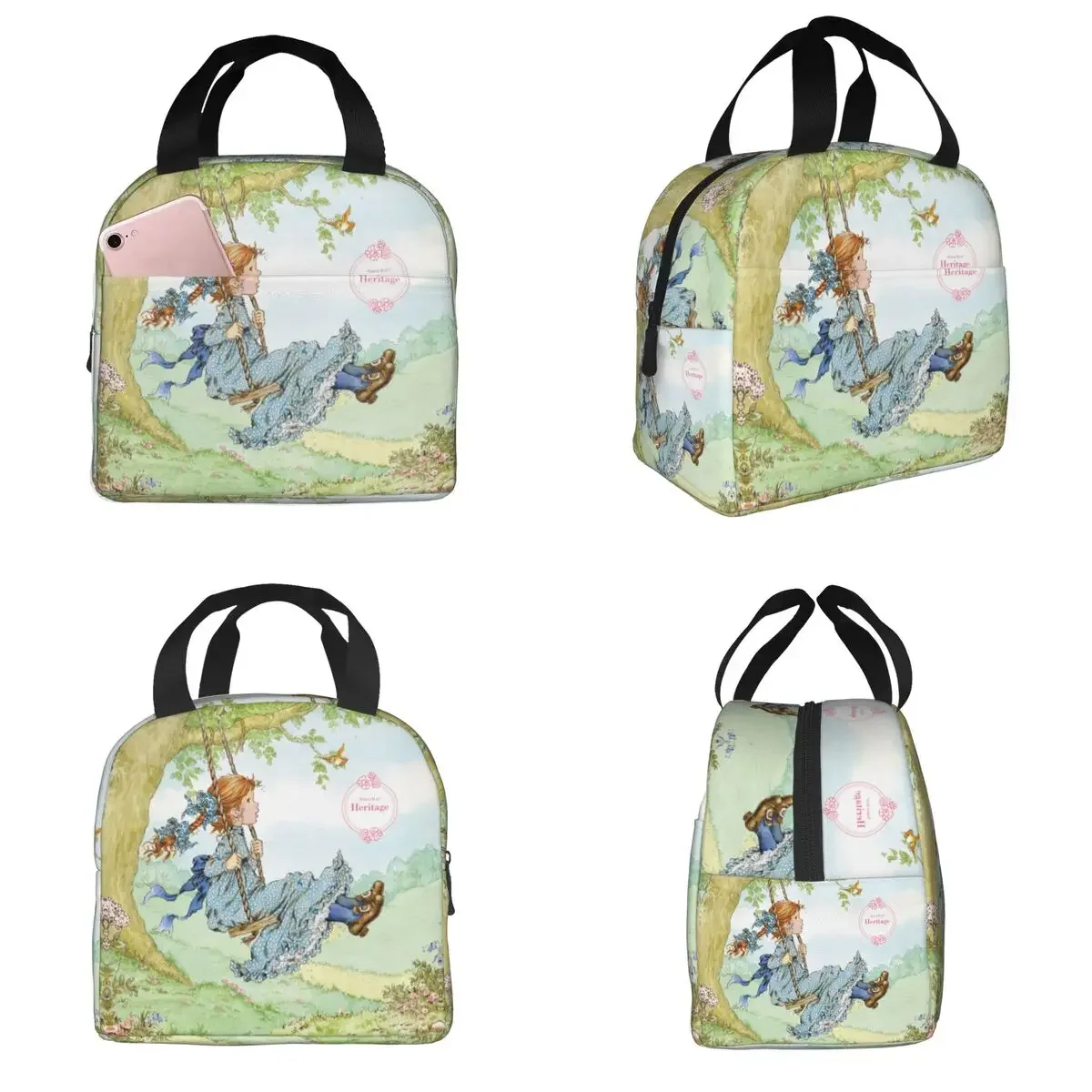 Sarah Kay Swing Girl Cartoon Lunch Bag Portable Insulated Canvas Cooler Cute Country Life Thermal Picnic Travel Lunch Box