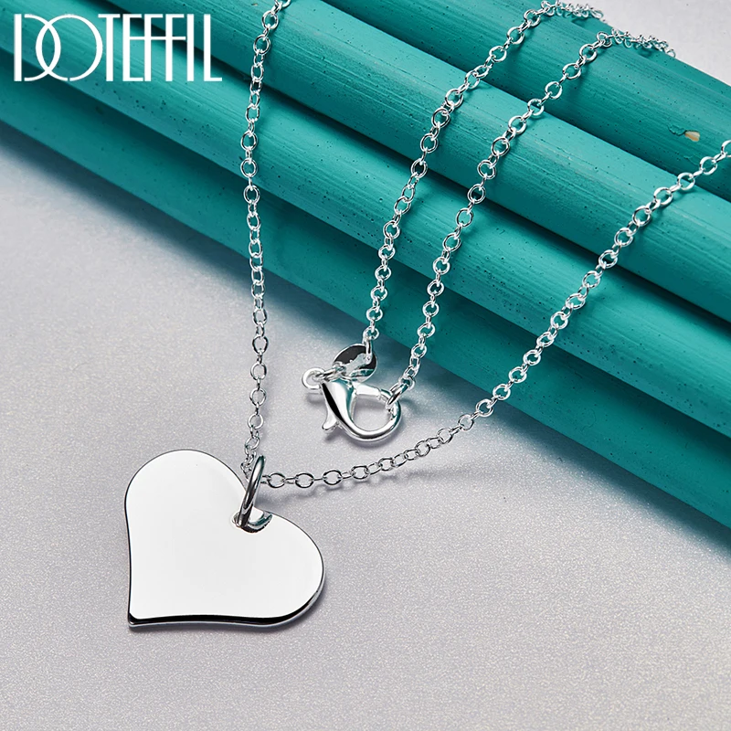DOTEFFIL 925 Sterling Silver 18 Inch Chain Heart Tag Pendant Necklace For Women Wedding Engagement Party Jewelry Christmas Gifts
