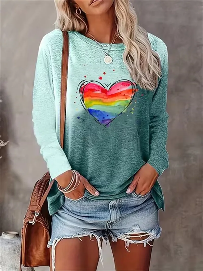 Rainbow Print Casual Long Sleeve Crew Neck T-shirt For Spring Autumn New Women's Clothing