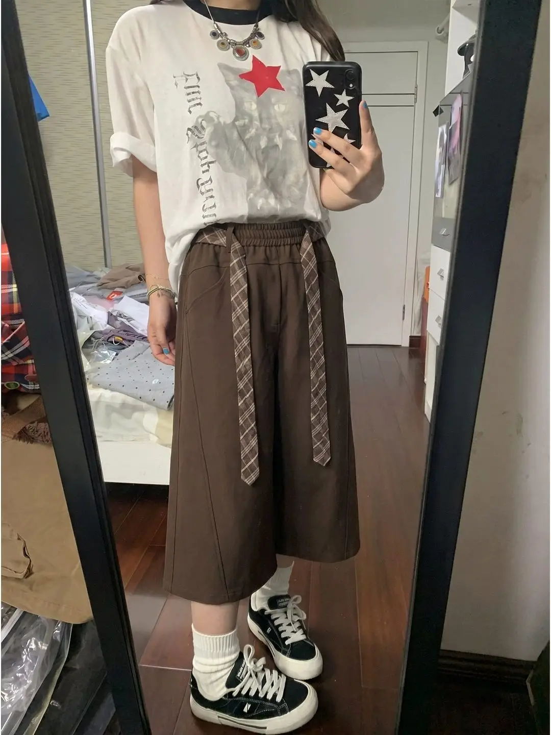 American Style High Waist Draped Belted Side Cut Straight Leg Seven-Foot Pants Unisex Vintage Loose Casual Wide Leg Over-Knee...