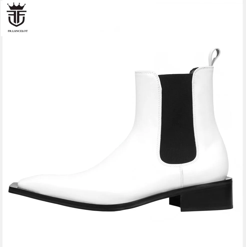 Brand new vintage style men white boots square toe booties mujer botas slip on casual cow leather booties party shoes male