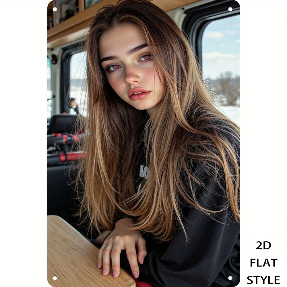 CIFBUY Beautiful Woman Camper Van Portrait Metal Sign 2D Print Aluminum Poster Travel Lifestyle Wall Art Home Living Room Bedroo