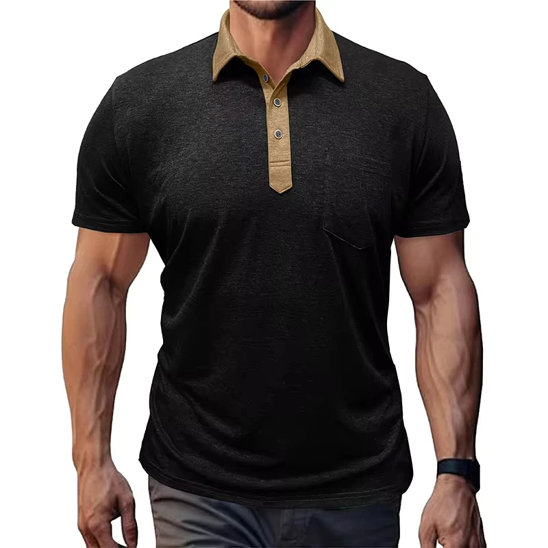 2025 American New Fashion Summer Men's Casual Trendy Turn-down Collar Short Sleeve Color-coded T-shirts Male Polo Shirts Tops