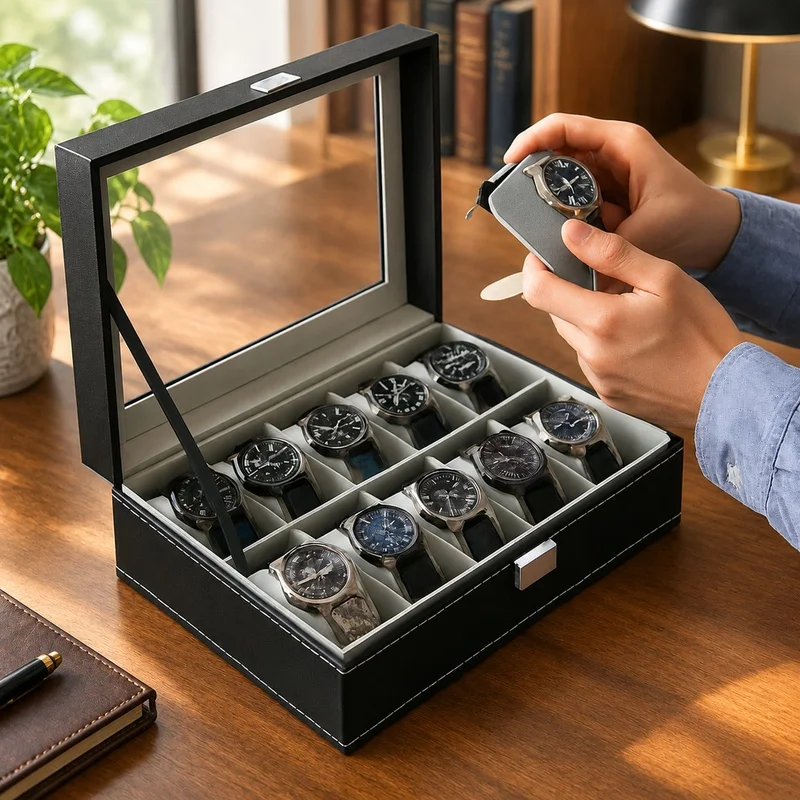 PU Leather Display Box with Glass Lid for Men's Watches and Jewelry, Multi-Compartment Storage Organizer with 2-12 Slots