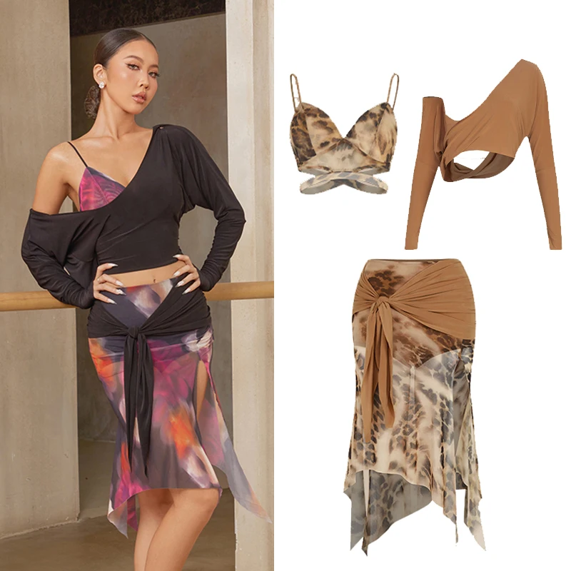 ZYM ملابس الرقص اللاتينية النساء بلايز غير النظامية تنورة الكبار رومبا Dancewear طويلة الأكمام ممارسة الملابس أداء زي #1