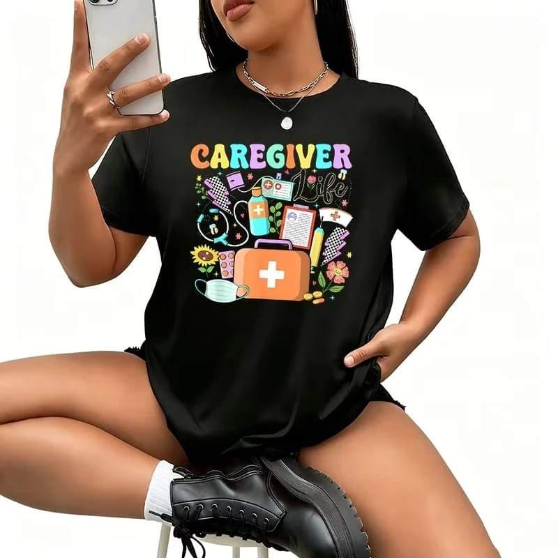 Nursing Home National Caregivers Day Print Women's T-Shirt Funny Graphic Short Sleeve Top Novelty Shirt Casual Crew Neck Clothes