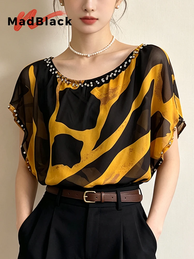 MadBlack-Women European Shirt, Sexy O Neck Print Beading, Hotsweet Short Sleeve Loose Thin Chiffon Blouse, 2026 Summer T66835CC
