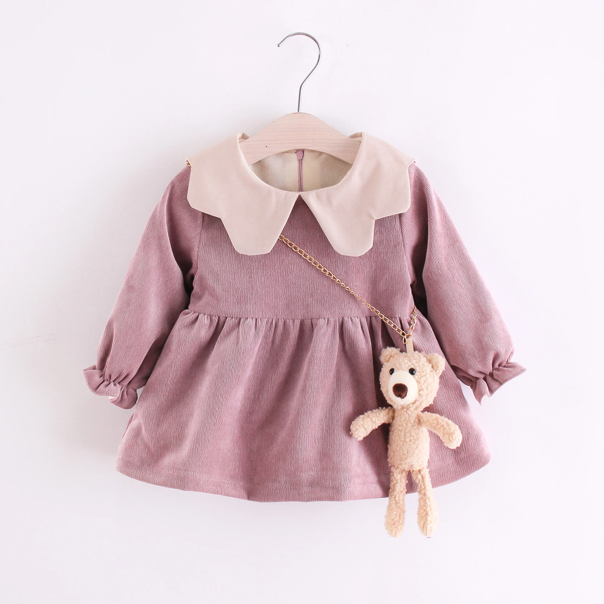 Winter Velvet Girl Clothes Girl Big Collar Corduroy Cute Long Sleeve Princess Dress+Cartoon Bear Pendant 2 Pcs