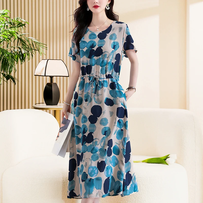 Summer Half Sleeve Print Long Plus size Dress For Women 2024 New Casual O-Neck High Waist Slim Ladies Maxi Dresses
