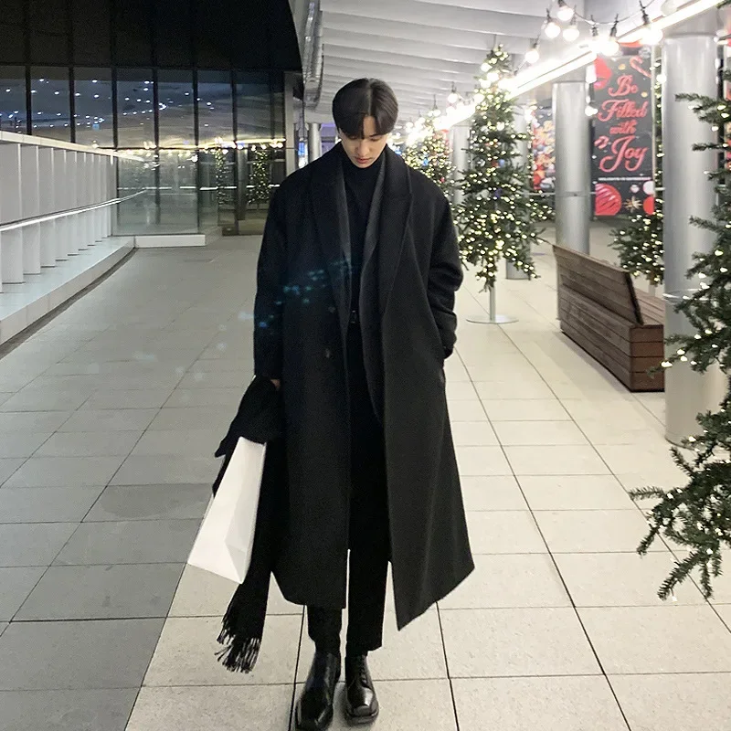 

Autumn and Winter Woolen Coat Men's Thickened Windbreaker Mid Length Knee Length Non Double Sided Cashmere Woolen Coat