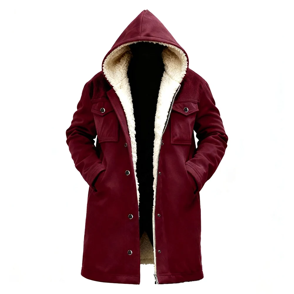 Men\'s Hooded Midlength Suede Plush Warm Jacket with Long Sleeves and Functional Pockets Zipper Coat for Everyday Wear