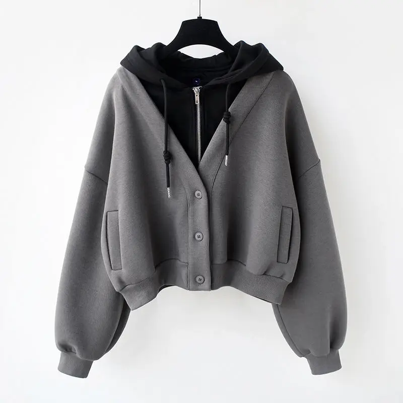 

Women Fake Two Jackets Spring Autumn Long Sleeve Loose Patchwork Hooded Short Jacket Casual Female Outerwear