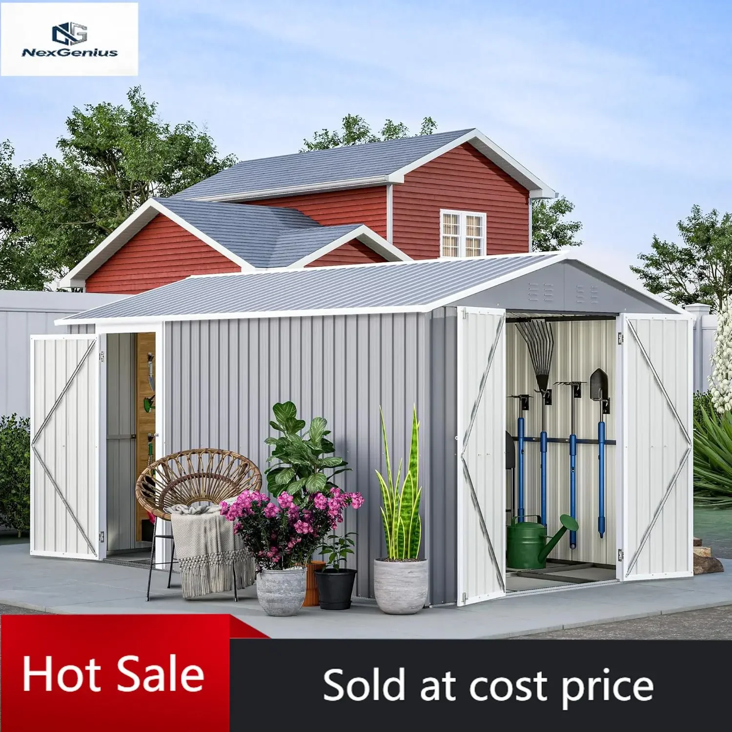 

8x12 FT Outdoor Storage Shed with Lockable Double Doors & Adjustable Side Door, Aluminum Frame, Weatherproof with Frame Floor, M