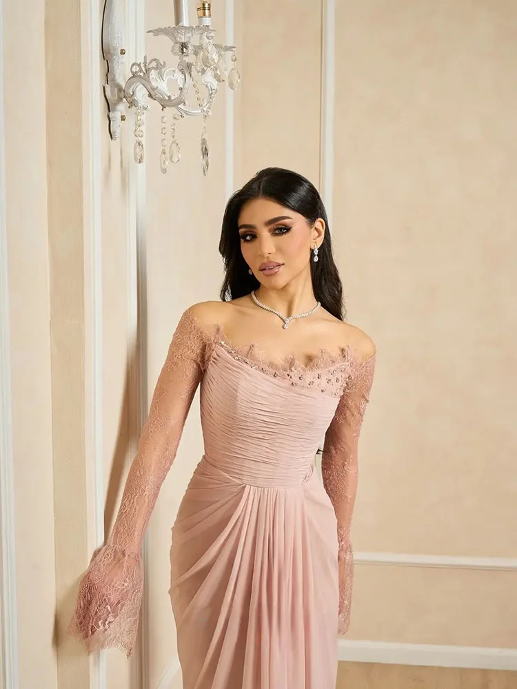 LAYXHS robes de soirée élégantes rose dentelle à manches longues perlée sirène plissée robe de bal robes de soirée personnalisées