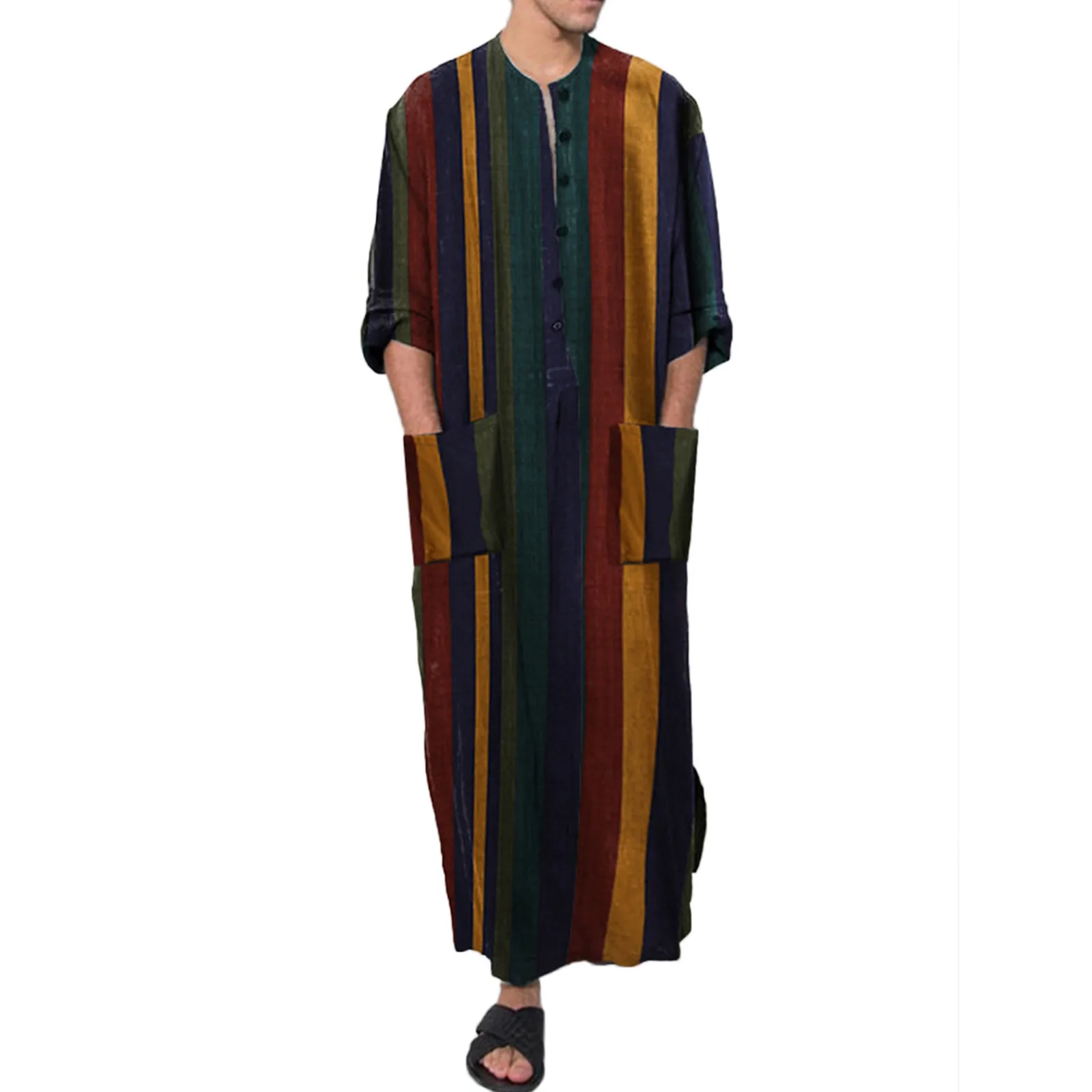 

Men's Muslim Robes Striped Print Long Sleeve Cotton Pockets Robes Casual Vintage Islamic Arab Kaftan Men Dubai Kaftan 2024 New