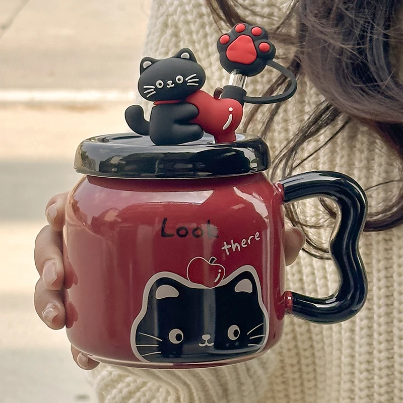 

450Ml Cute Cartoon Little Black Cat Cup,Souvenir Office Water Cup with Lid Mug Straw Couple Halloween Christmas Gift Drinkware