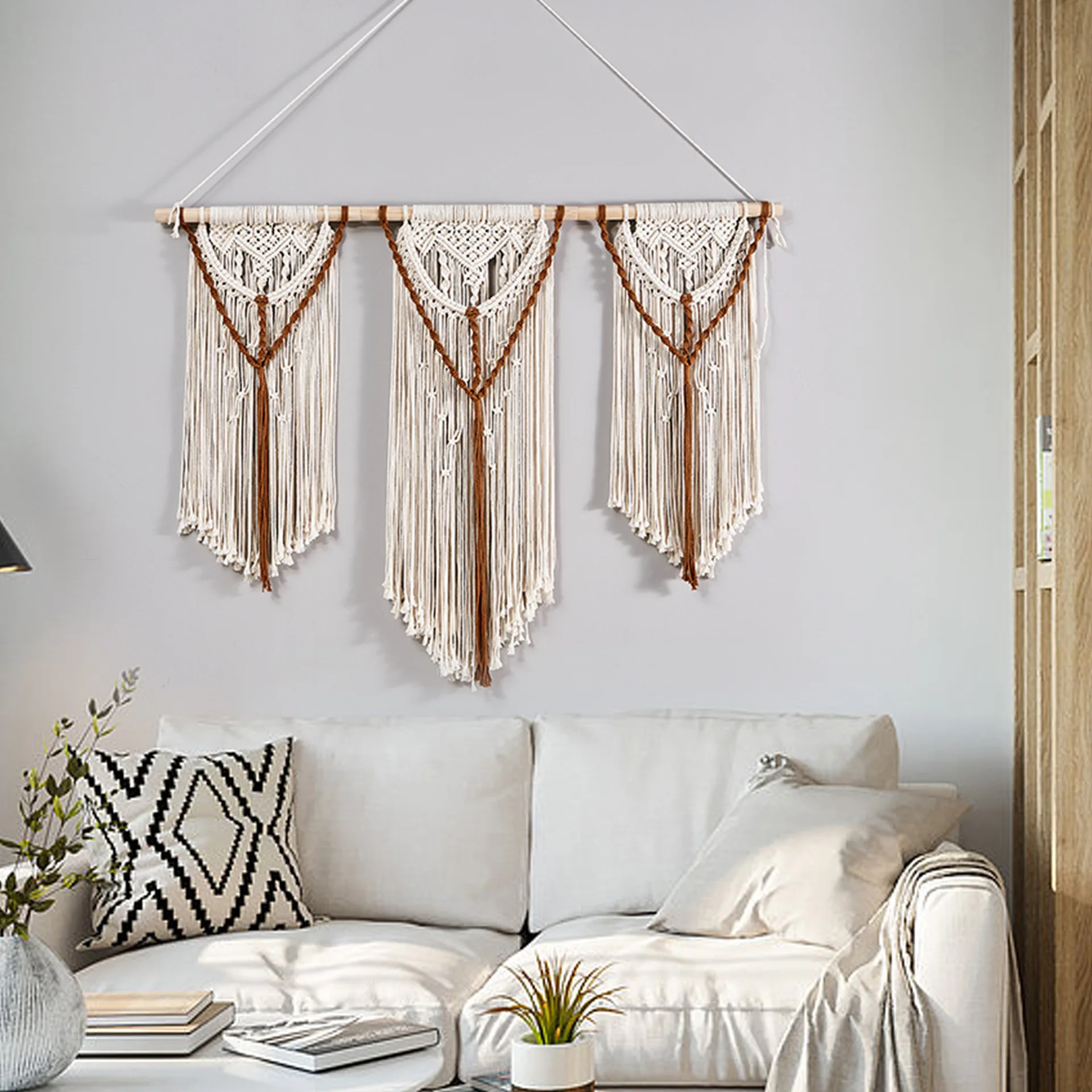 Two-tone Macrame Wall Hanging, Triple Panel Fringe Tapestry, Boho Handwoven Wall Art for Living Room Sofa Decor