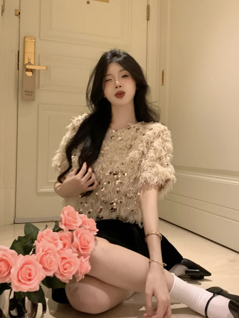 Spring 2023 Women\'s Short Sleeve T-Shirt Glittering Beautiful Design Sensation Elegant Loose Short Top Korean Style round Neck