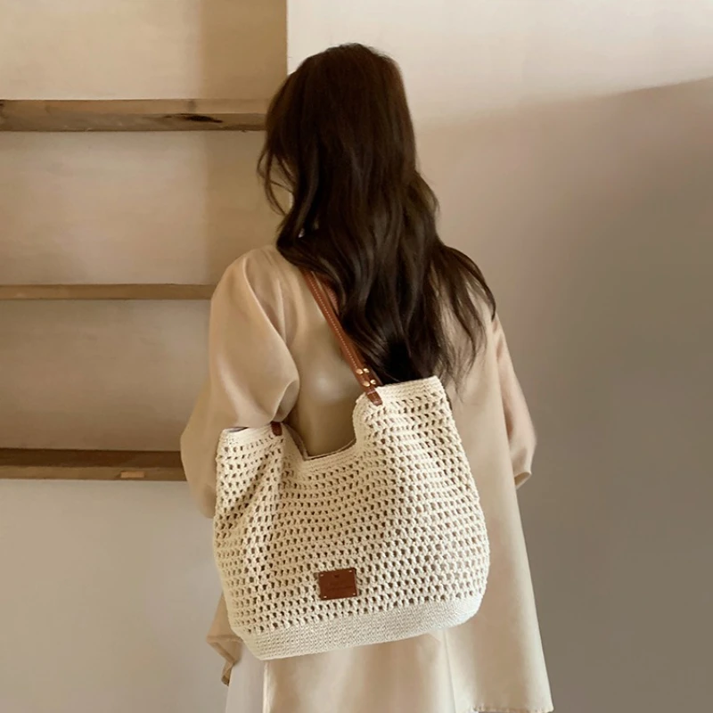 Beach Woven Tote Bag for Women Oversized Ins-style Straw Shoulder Bag with Breathable Design Lightweight Mom Purse for Travel