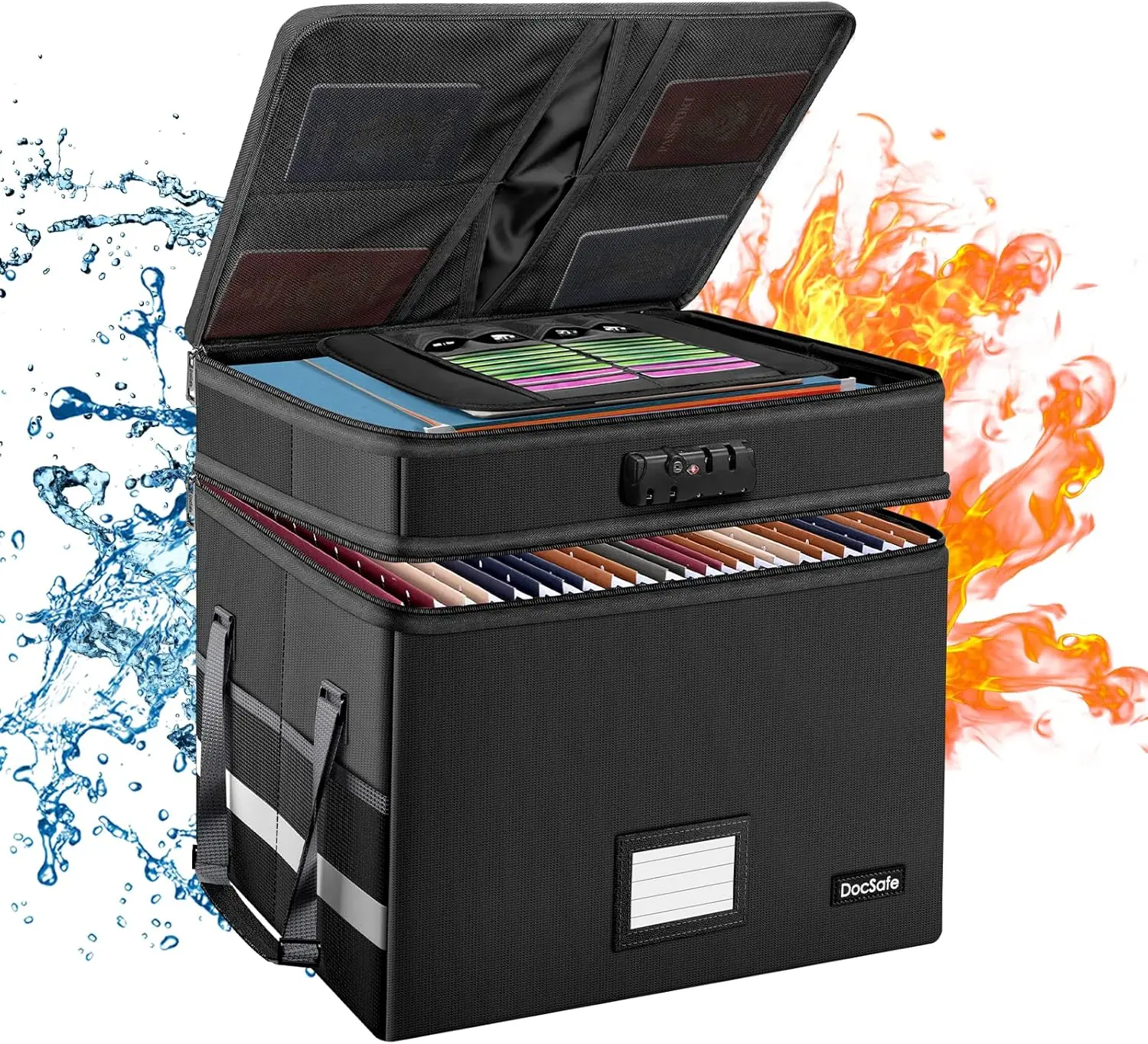 

Fireproof Document Box with Lock, Multi-Layer Collapsible Storage Organizer for Home Office, Portable Black Safe