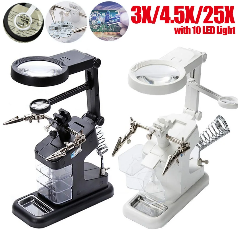 3X 4.5X 25X Welding Magnifier with LED Light Desktop Magnifying Glass Alligator Clip Loupe Helping Hand Soldering Repair Tool