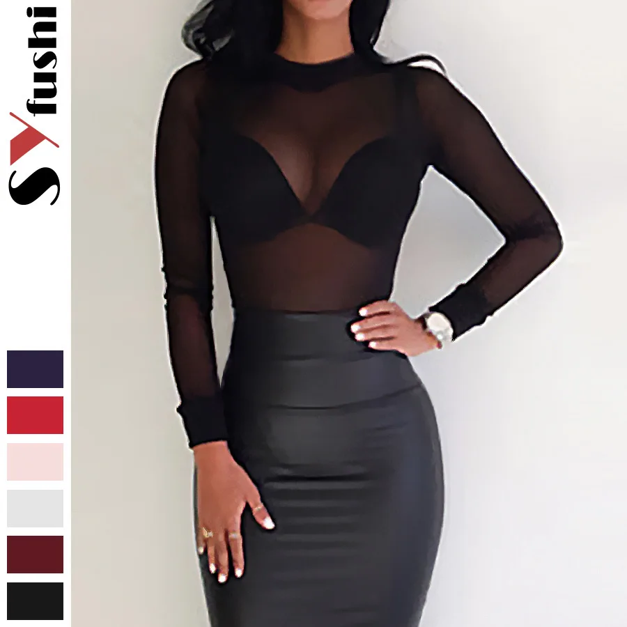 

Summer 2025 Women's Sexy Slim Mesh Stretch Skinny Long Sleeve Semi-turtleneck Bottom Shirt